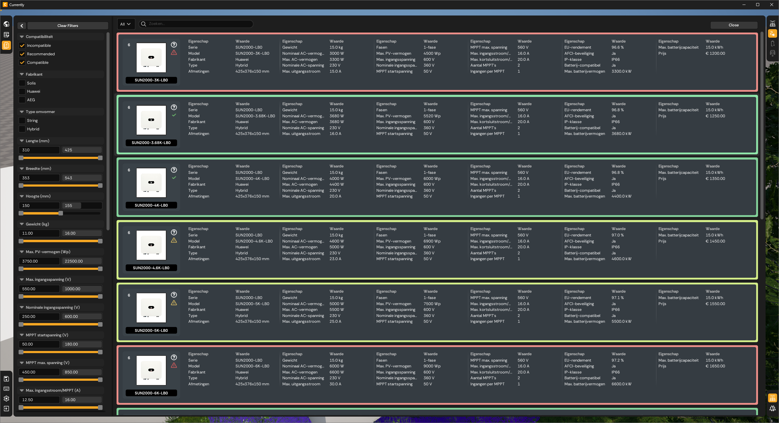 Energy simulation results — component specification data